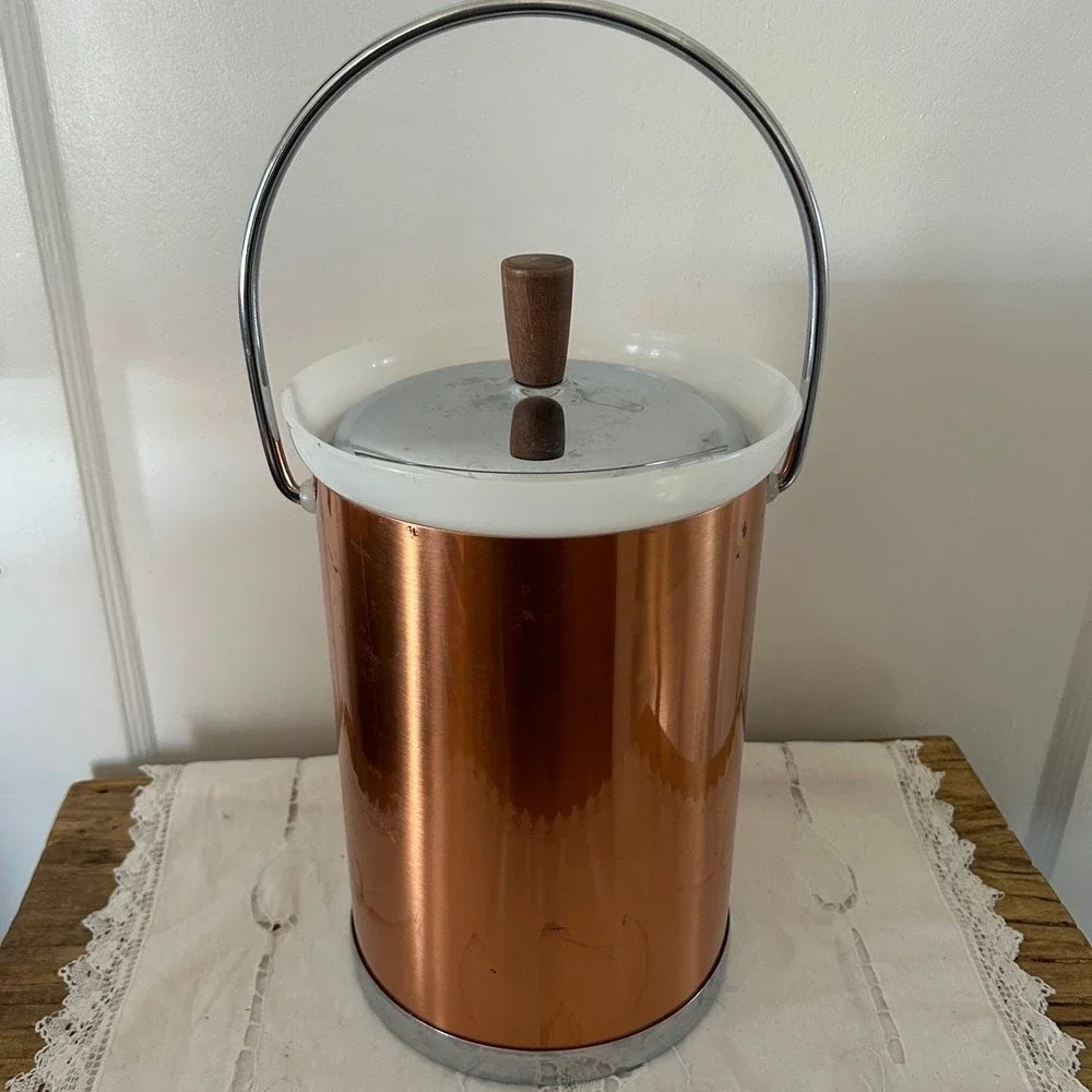 Vintage Kromex MCM Copper Color and Chrome with Wood Ice Bucket Barware